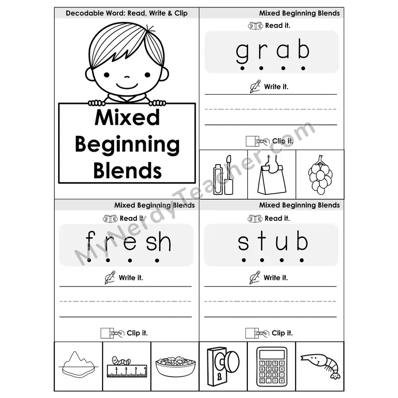 Mixed Beginning Blends Review Phonics Flip Book — Blend, Segment, Write & Clip — B&W