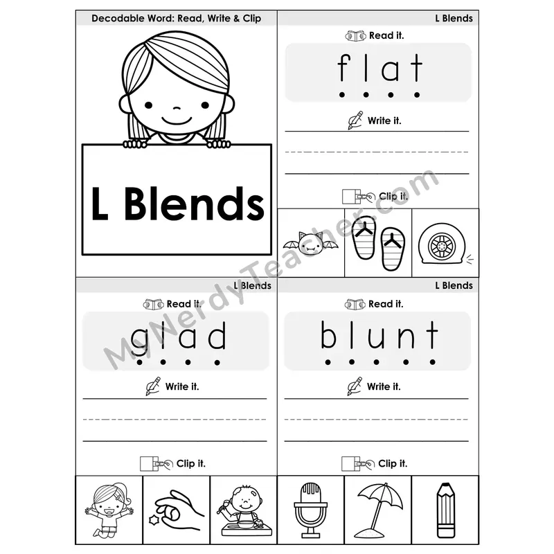 L Blends Phonics Flip Book — Blend, Segment, Write & Clip — B&W