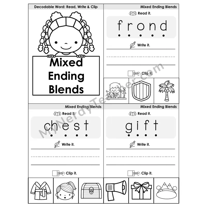 Mixed Ending Blends Review Phonics Flip Book — Blend, Segment, Write & Clip — B&W