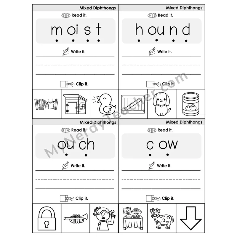Mixed Diphthongs Review Phonics Flip Book — Blend, Segment, Write & Clip — B&W