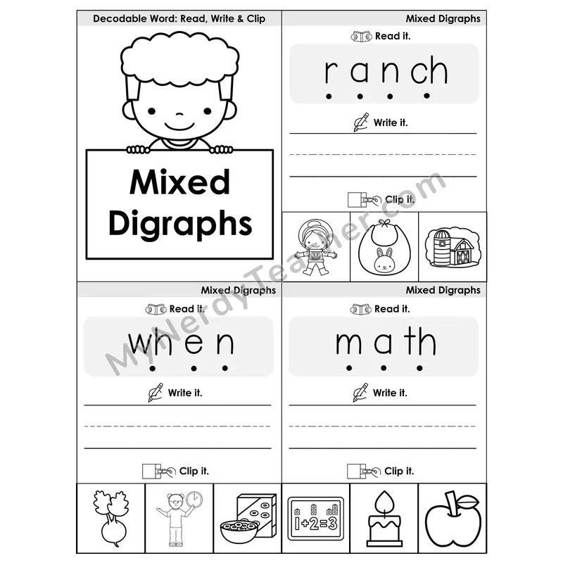Mixed Digraphs Review Phonics Flip Book — Blend, Segment, Write & Clip — B&W