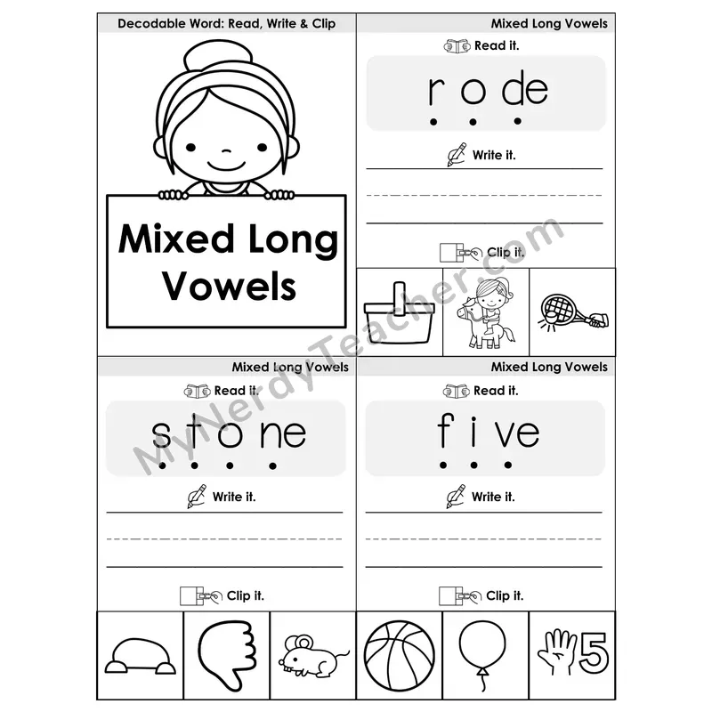 Mixed Long Vowels Review Phonics Flip Book — Blend, Segment, Write & Clip — B&W