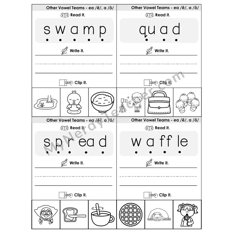 EA (Short /e/) Vowel Teams Phonics Flip Book — Blend, Segment, Write & Clip — B&W