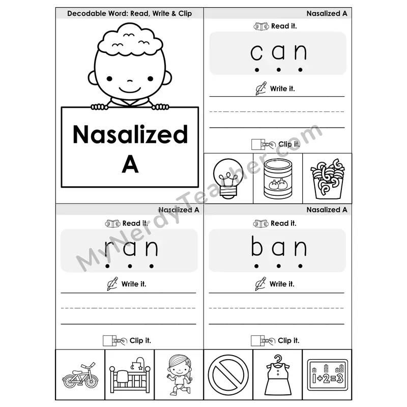 Nasalized A (am, an) Phonics Flip Book — Blend, Segment, Write & Clip — B&W