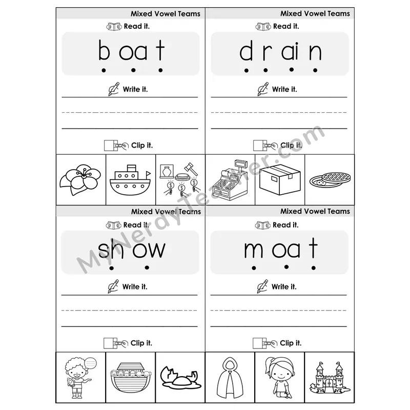 Mixed Vowel Teams Review Phonics Flip Book — Blend, Segment, Write & Clip — B&W