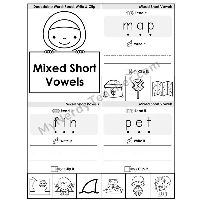 Mixed Short Vowels Review Phonics Flip Book — Blend, Segment, Write & Clip — B&W