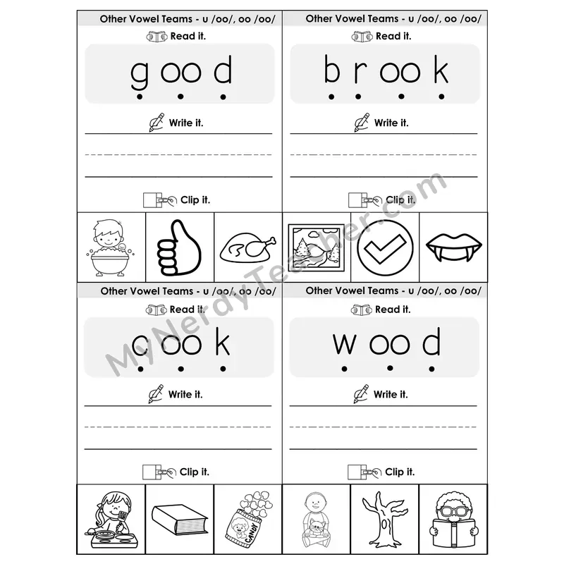 U/OO (Short) Vowel Teams Phonics Flip Book — Blend, Segment, Write & Clip — B&W