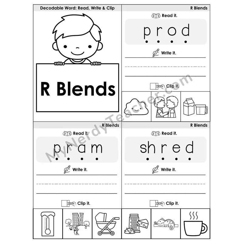 R Blends Phonics Flip Book — Blend, Segment, Write & Clip — B&W