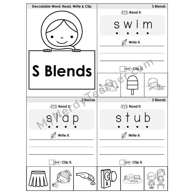 S Blends Phonics Flip Book — Blend, Segment, Write & Clip — B&W