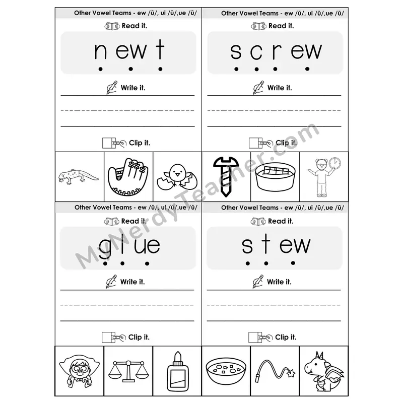 EW/UI/UE Vowel Teams Phonics Flip Book — Blend, Segment, Write & Clip — B&W