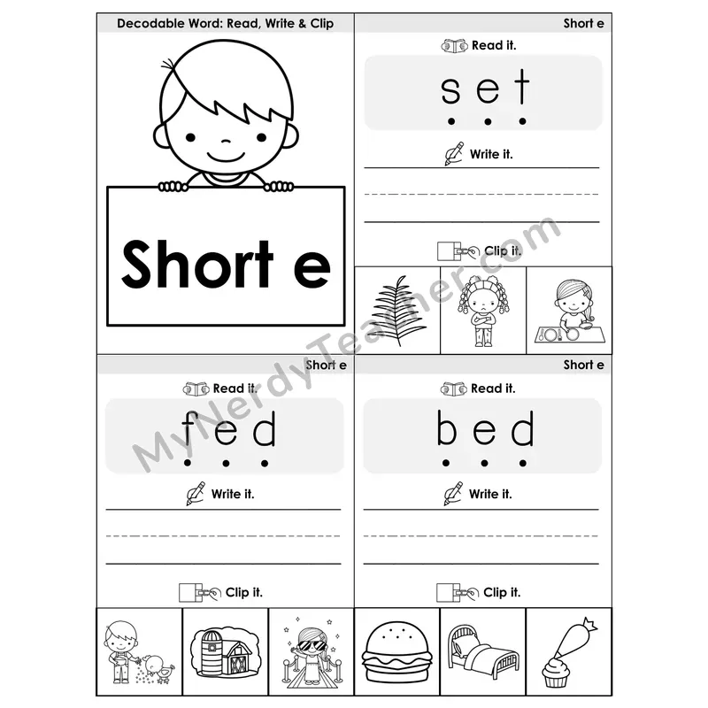 Short E CVC Words Phonics Flip Book — Blend, Segment, Write & Clip — B&W