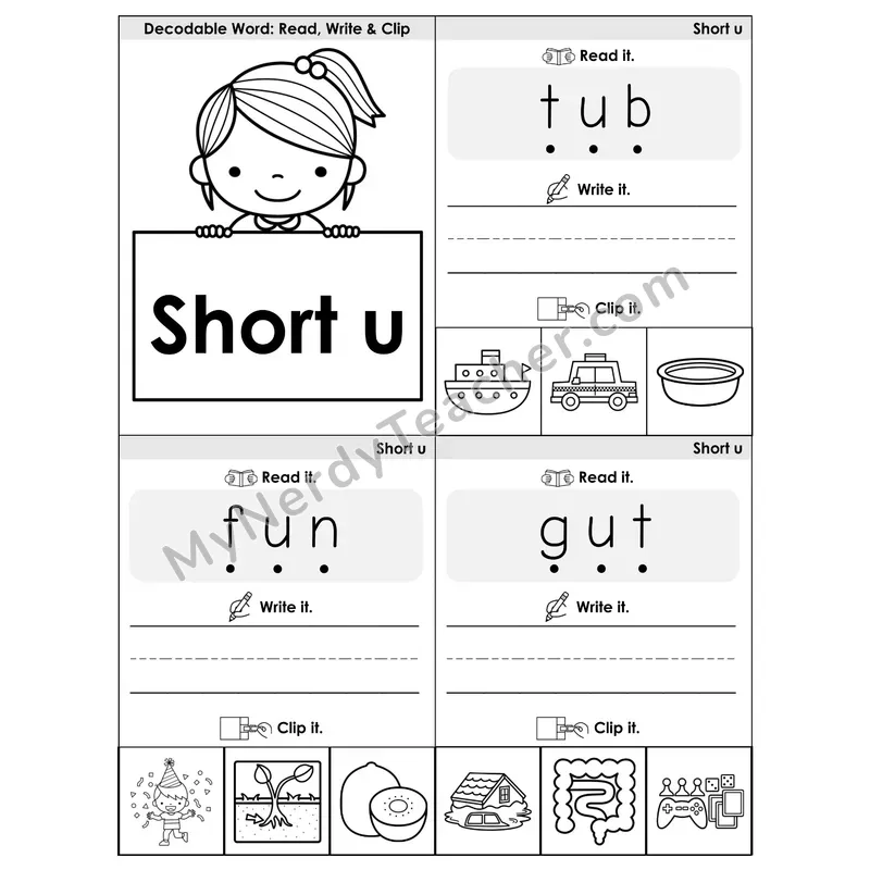 Short U CVC Words Phonics Flip Book — Blend, Segment, Write & Clip — B&W
