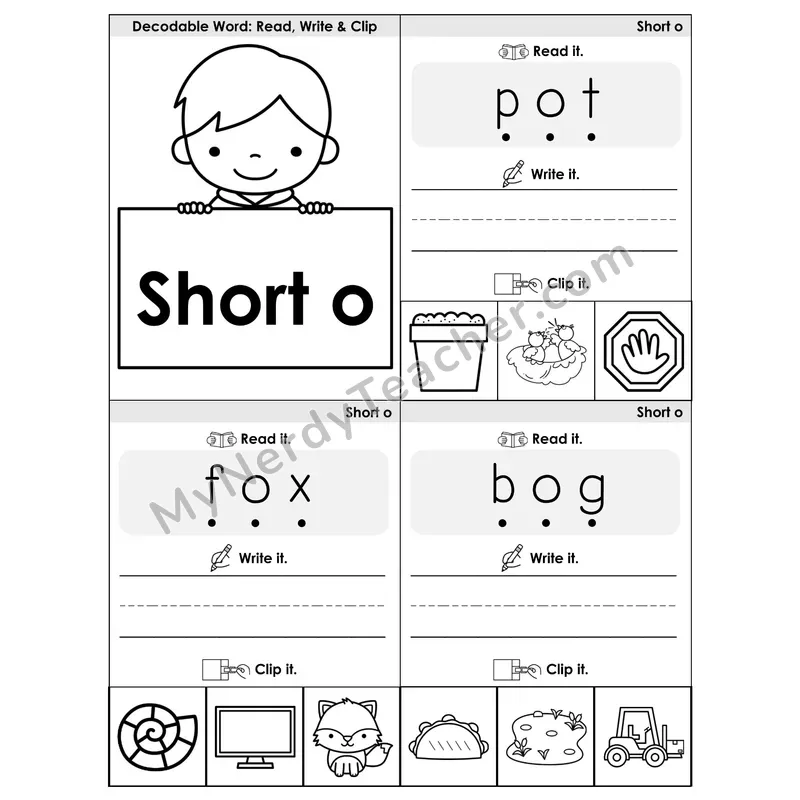 Short O CVC Words Phonics Flip Book — Blend, Segment, Write & Clip — B&W