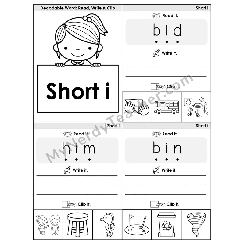 Short I CVC Words Phonics Flip Book — Blend, Segment, Write & Clip — B&W