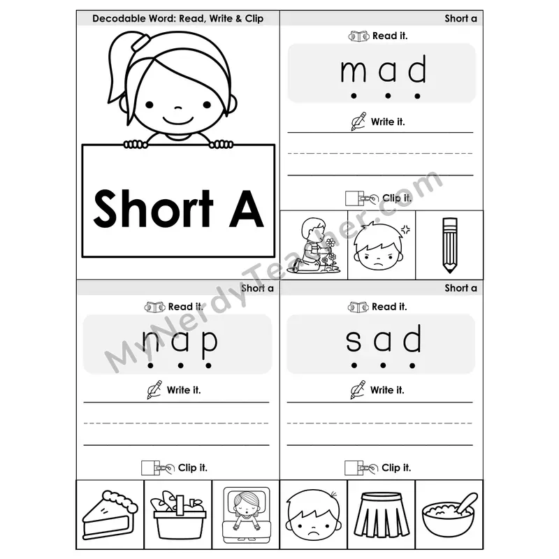 Short A CVC Words Phonics Flip Book — Blend, Segment, Write & Clip — B&W