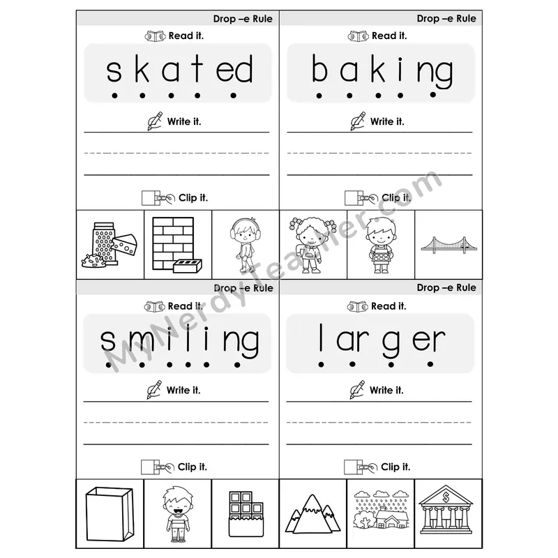 Suffix Spelling Changes: Drop-e Rule Phonics Flip Book — Blend, Segment, Write & Clip — B&W
