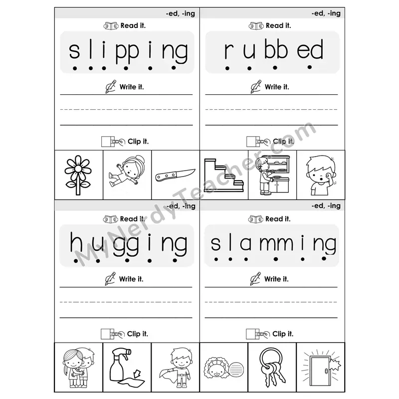 Suffix Spelling Changes: Doubling Rule (-ed, -ing) Phonics Flip Book — Blend, Segment, Write & Clip — B&W
