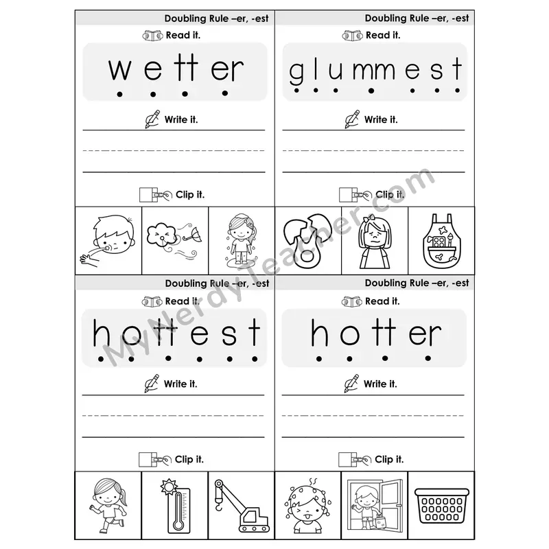 Suffix Spelling Changes: Doubling Rule (-er, -est) Phonics Flip Book — Blend, Segment, Write & Clip — B&W