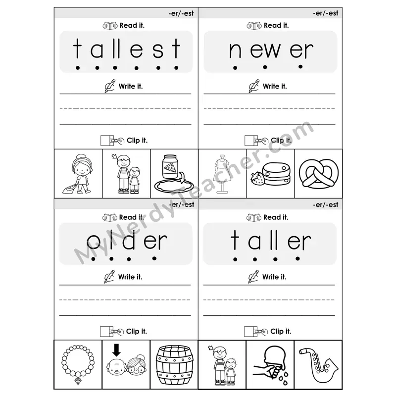 Suffixes -ER/-EST Phonics Flip Book — Blend, Segment, Write & Clip — B&W