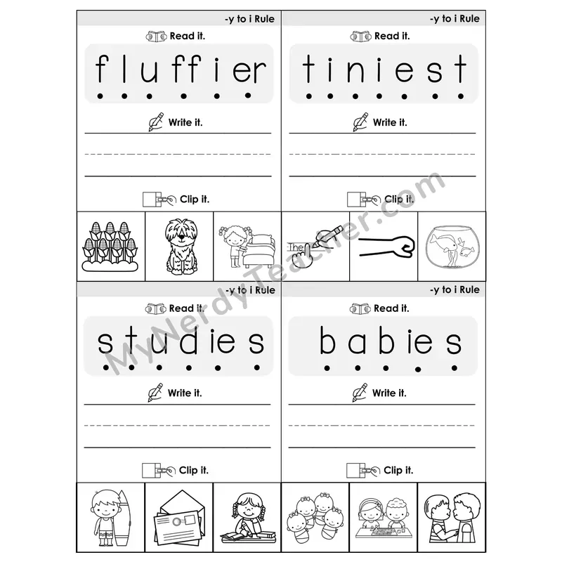 Suffix Spelling Changes: Y-to-I Rule Phonics Flip Book — Blend, Segment, Write & Clip — B&W