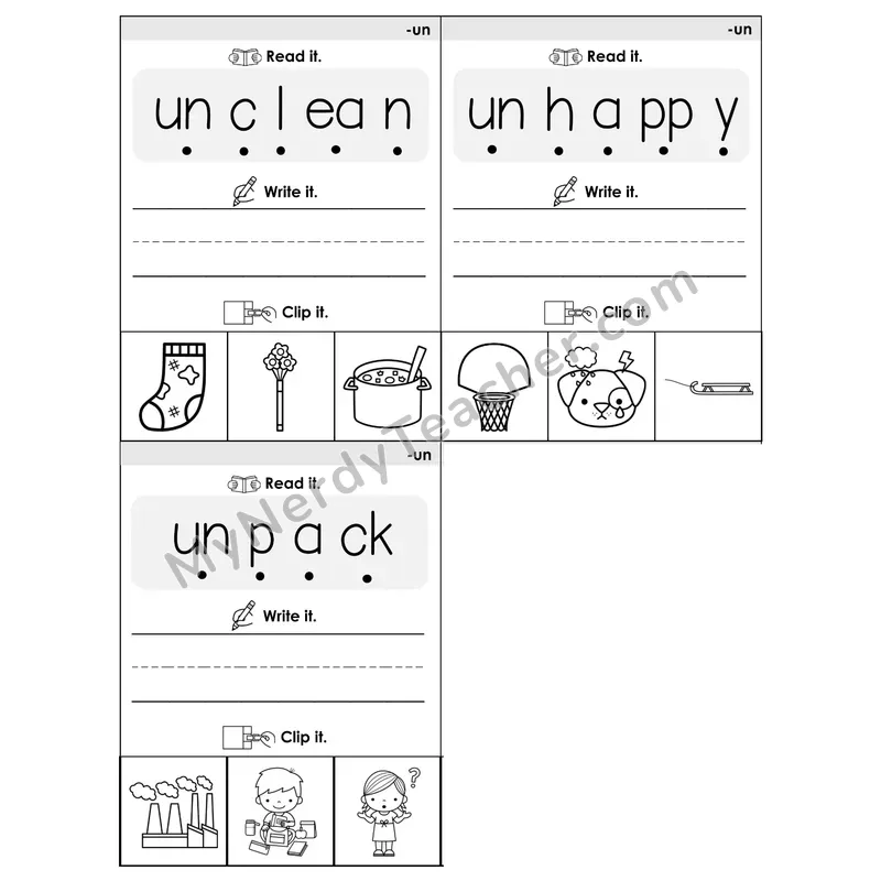 Prefix UN- Phonics Flip Book — Blend, Segment, Write & Clip — B&W