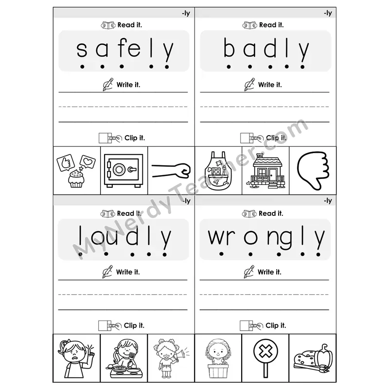 Suffix -LY Phonics Flip Book — Blend, Segment, Write & Clip — B&W