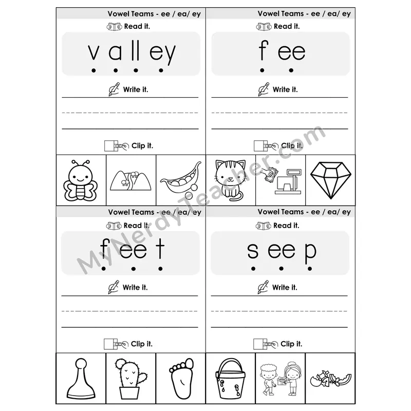 EE/EA/EY Vowel Teams Phonics Flip Book — Blend, Segment, Write & Clip — B&W
