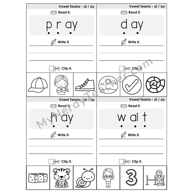 AI/AY Vowel Teams Phonics Flip Book — Blend, Segment, Write & Clip — B&W