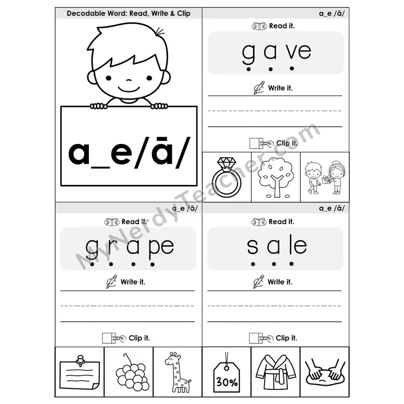 A_E (Long A) VCe Phonics Flip Book — Blend, Segment, Write & Clip — B&W