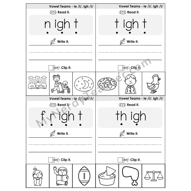 IE/IGH Vowel Teams Phonics Flip Book — Blend, Segment, Write & Clip — B&W