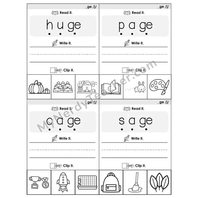 _GE (/j/) Spelling Pattern Phonics Flip Book — Blend, Segment, Write & Clip — B&W