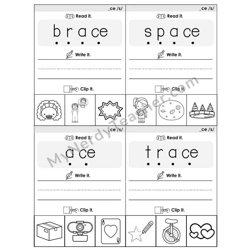 _CE (/s/) Spelling Pattern Phonics Flip Book — Blend, Segment, Write & Clip — B&W