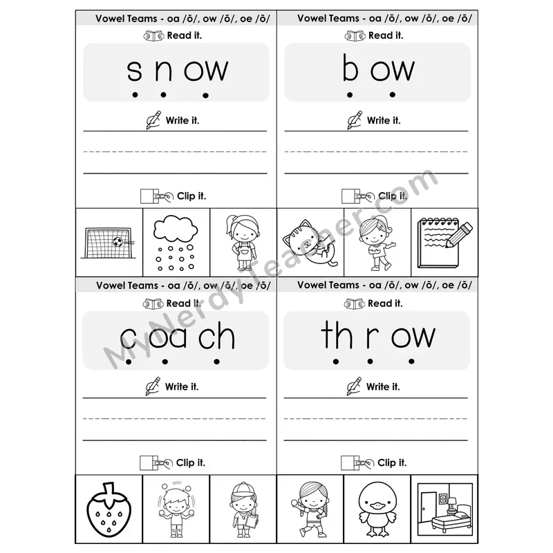 OA/OW/OE Vowel Teams Phonics Flip Book — Blend, Segment, Write & Clip — B&W