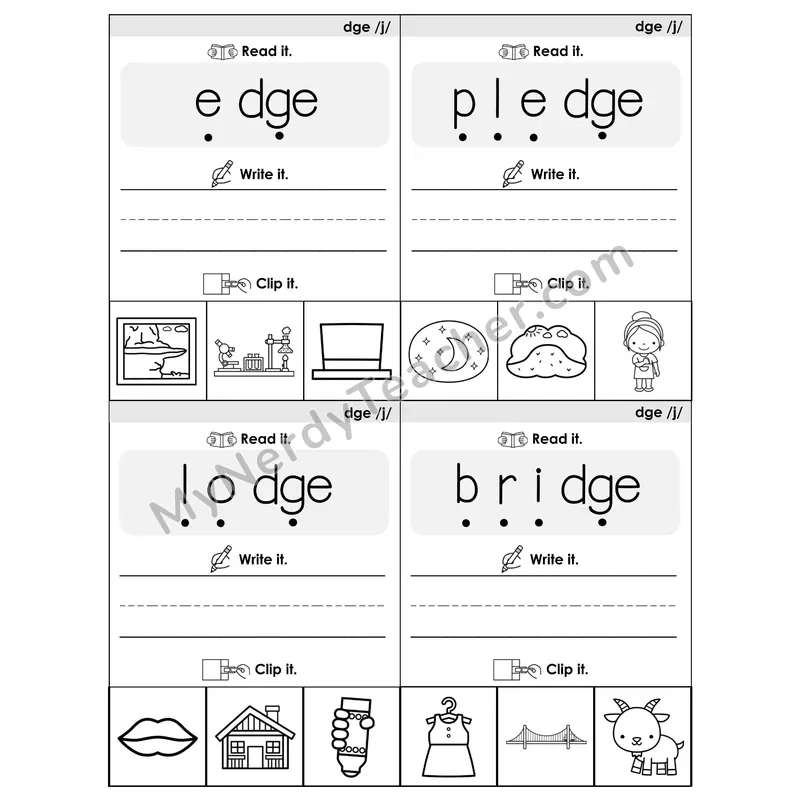 DGE Trigraph Phonics Flip Book — Blend, Segment, Write & Clip — B&W
