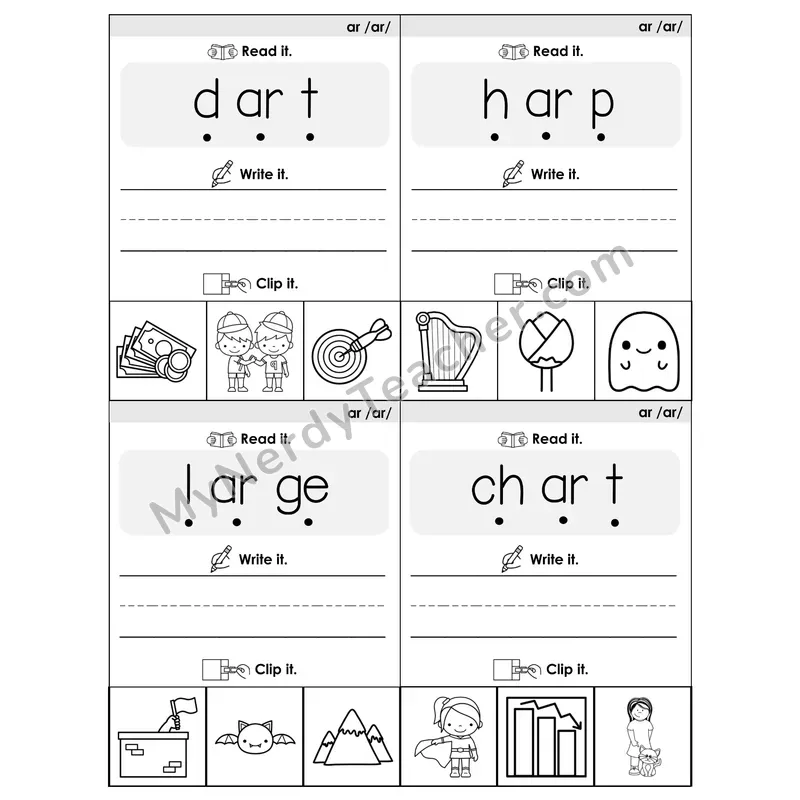 AR R-Controlled Vowel Phonics Flip Book — Blend, Segment, Write & Clip — B&W