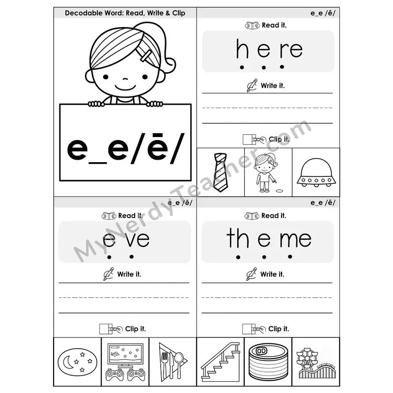 E_E (Long E) VCe Phonics Flip Book — Blend, Segment, Write & Clip — B&W