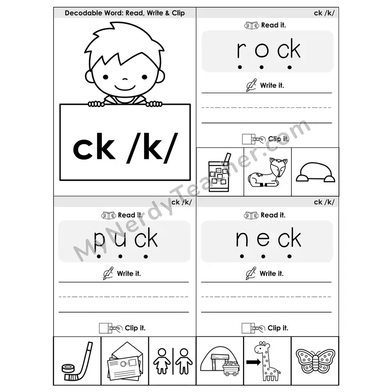 CK Digraph Phonics Flip Book — Blend, Segment, Write & Clip — B&W