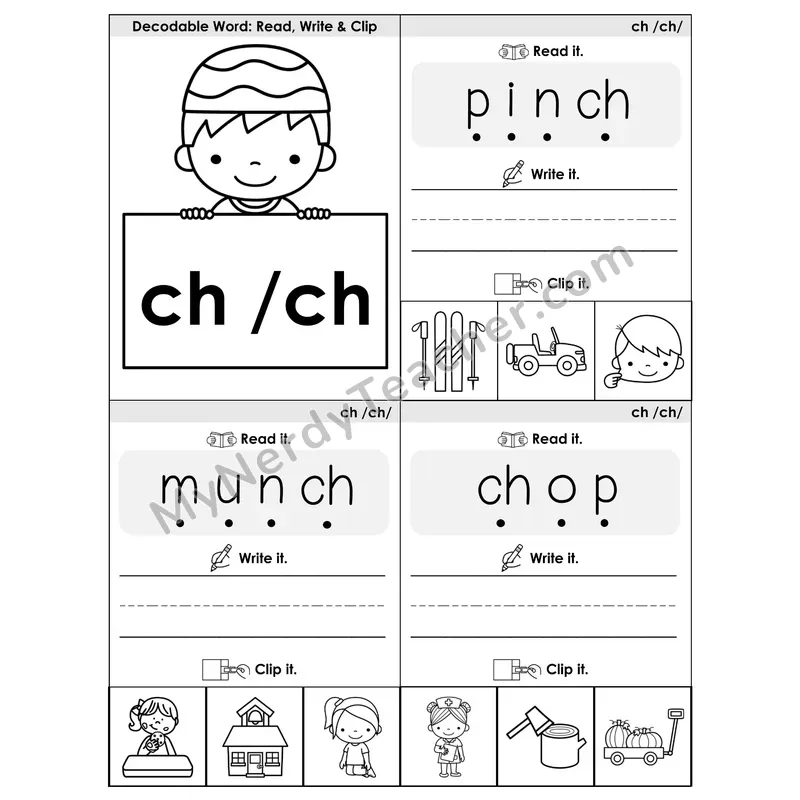 CH Digraph Phonics Flip Book — Blend, Segment, Write & Clip — B&W