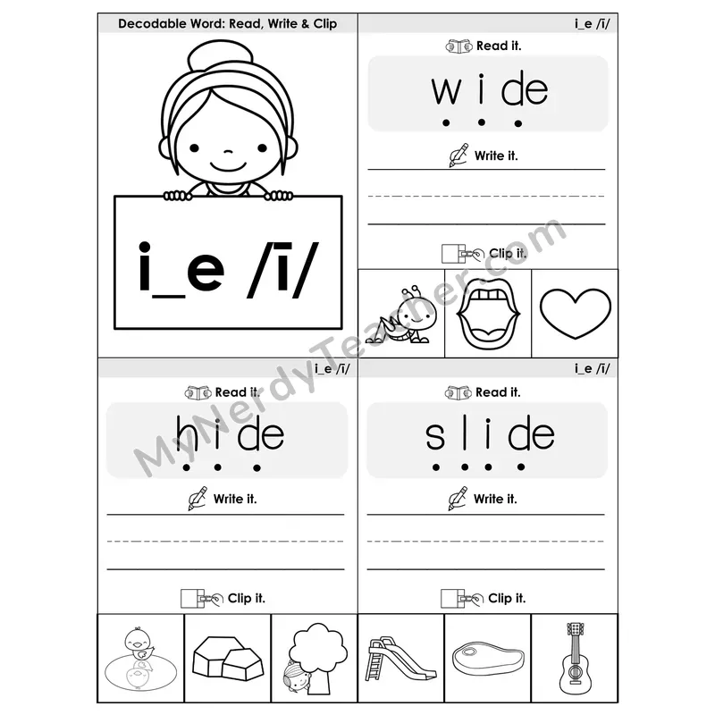 I_E (Long I) VCe Phonics Flip Book — Blend, Segment, Write & Clip — B&W