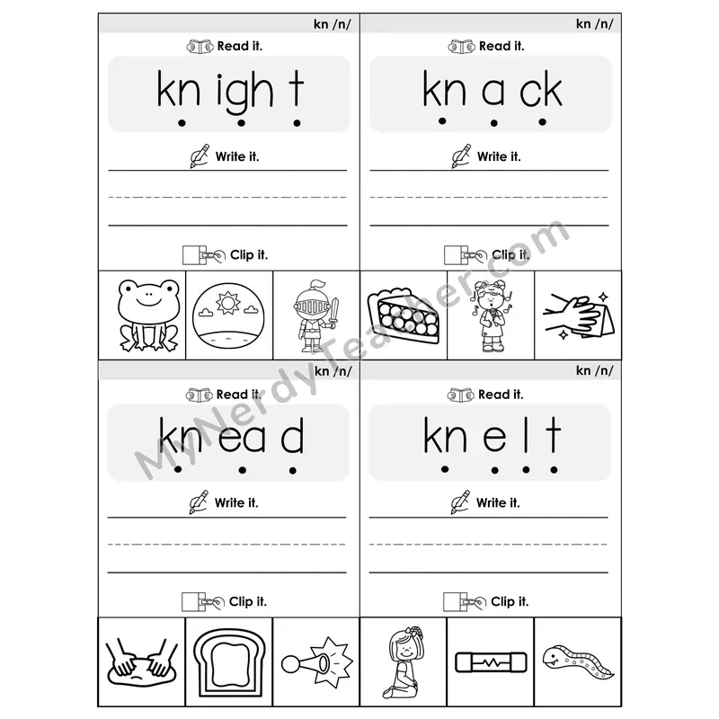 KN Silent Letter Phonics Flip Book — Blend, Segment, Write & Clip — B&W