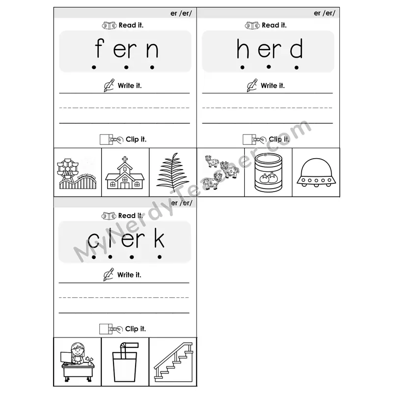 ER R-Controlled Vowel Phonics Flip Book — Blend, Segment, Write & Clip — B&W