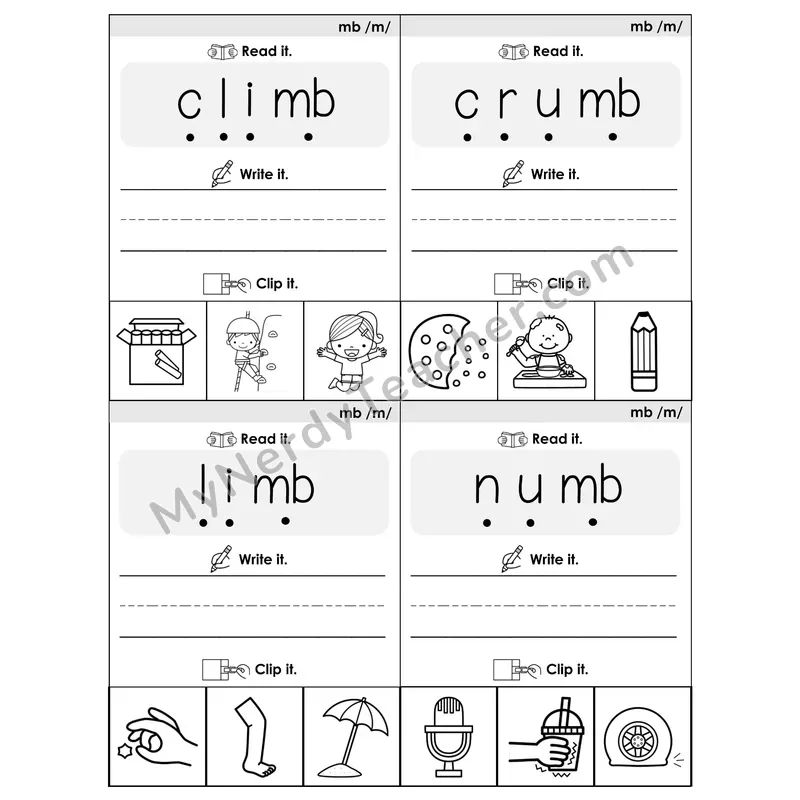 MB Silent Letter Phonics Flip Book — Blend, Segment, Write & Clip — B&W