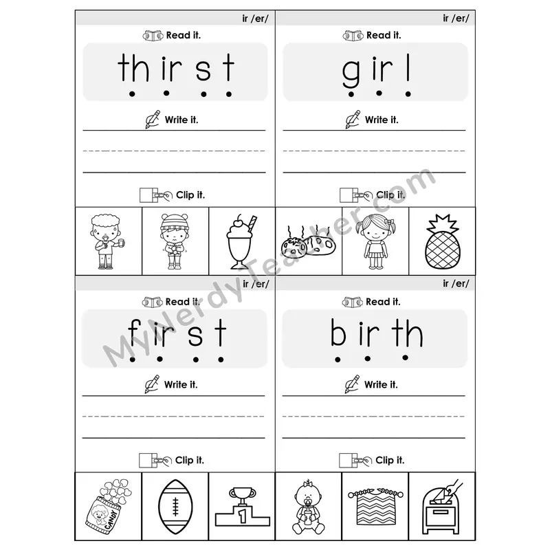 IR R-Controlled Vowel Phonics Flip Book — Blend, Segment, Write & Clip — B&W