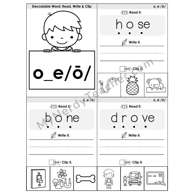 O_E (Long O) VCe Phonics Flip Book — Blend, Segment, Write & Clip — B&W