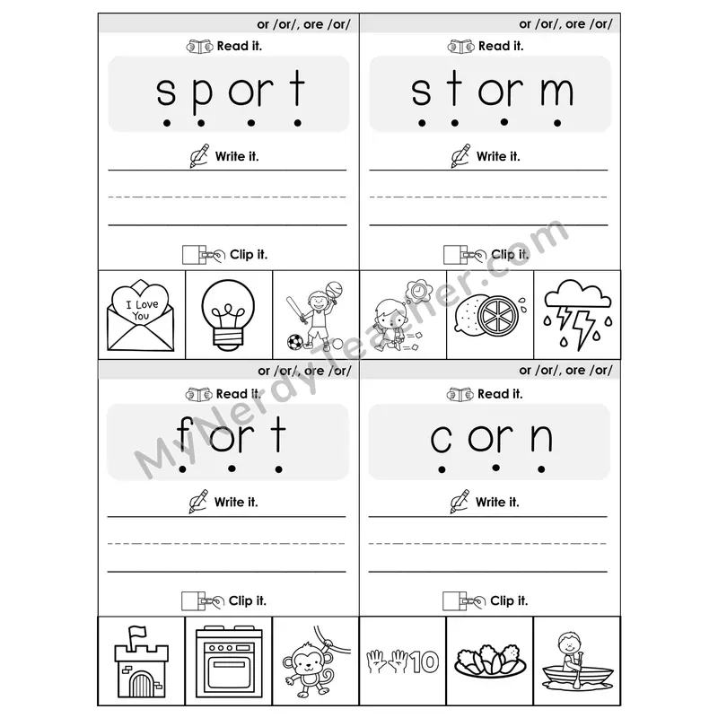 OR/ORE R-Controlled Vowel Phonics Flip Book — Blend, Segment, Write & Clip — B&W
