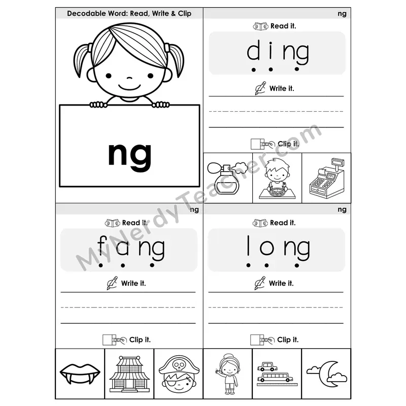 NG Digraph Phonics Flip Book — Blend, Segment, Write & Clip — B&W