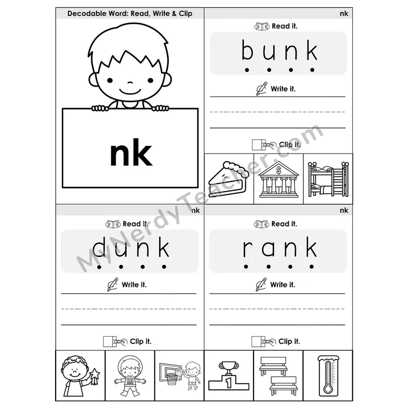 NK Digraph Phonics Flip Book — Blend, Segment, Write & Clip — B&W