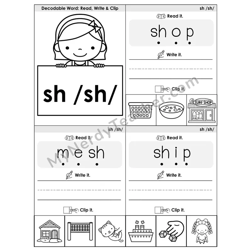 SH Digraph Phonics Flip Book — Blend, Segment, Write & Clip — B&W