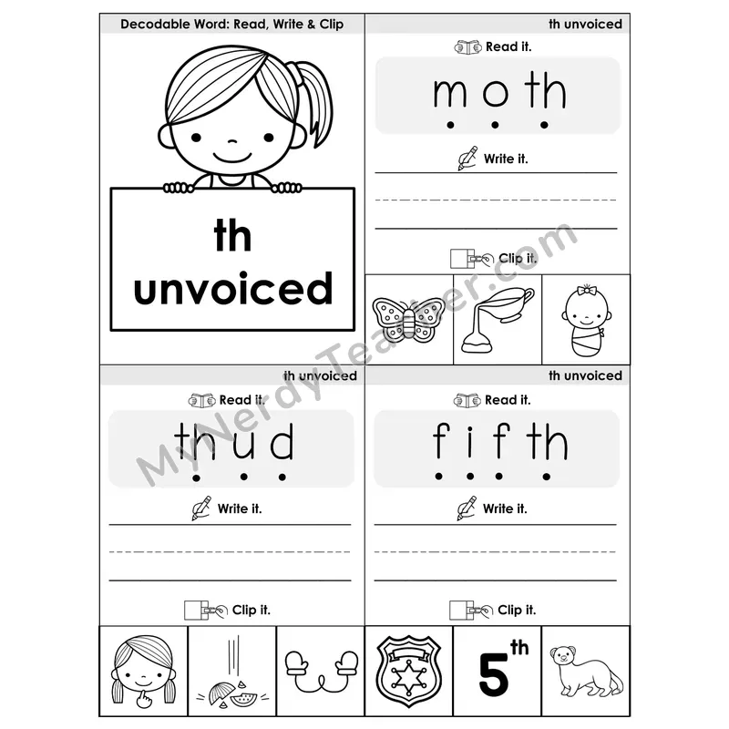 TH (Unvoiced) Digraph Phonics Flip Book — Blend, Segment, Write & Clip — B&W