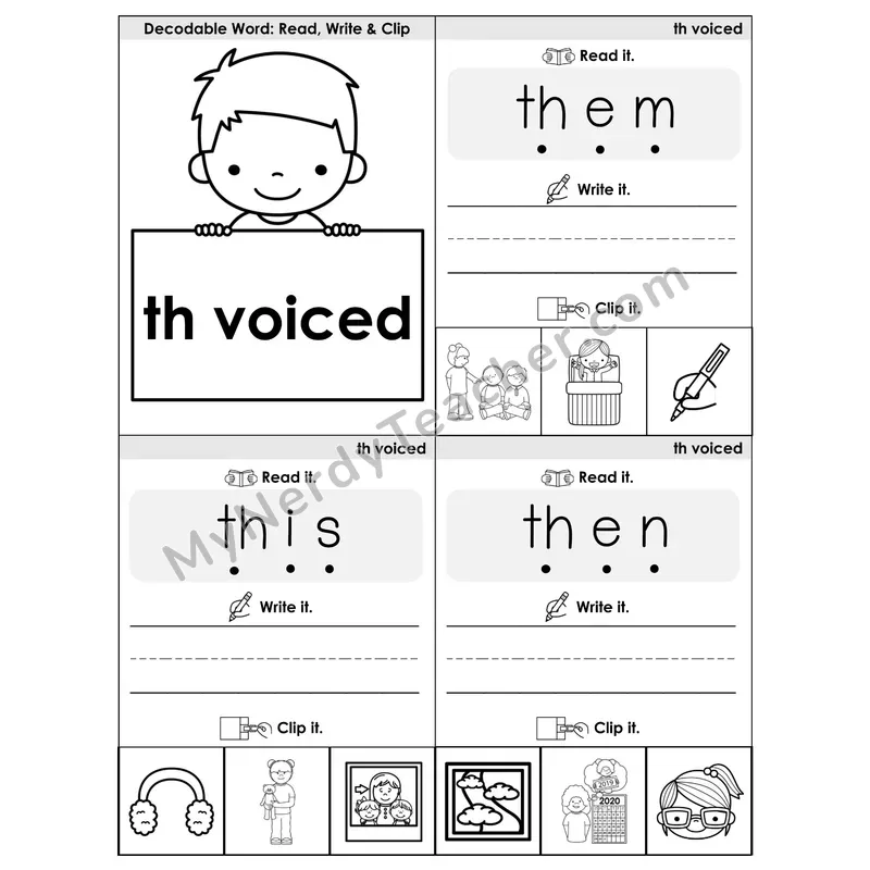 TH (Voiced) Digraph Phonics Flip Book — Blend, Segment, Write & Clip — B&W